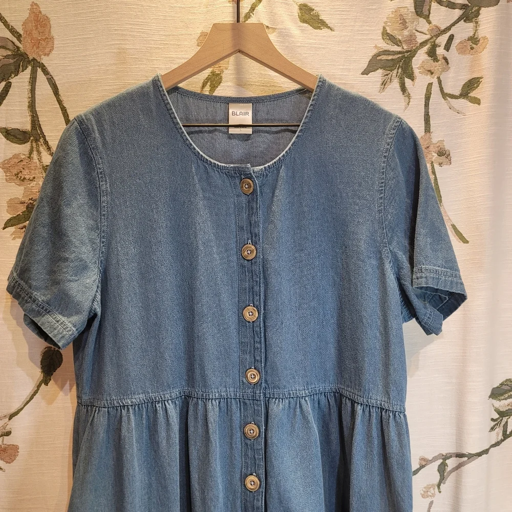 Blair Size Large Button Down Pockets Denim Shift Midi Blue Sundress Cottagecore - Picture 2 of 10
